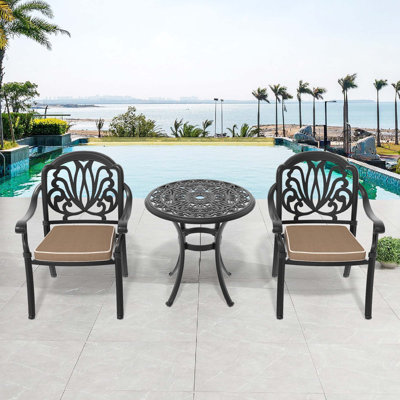 3-Piece Set Of Cast Aluminum Patio Furniture  With Black Frame And Brown Seat Cushions