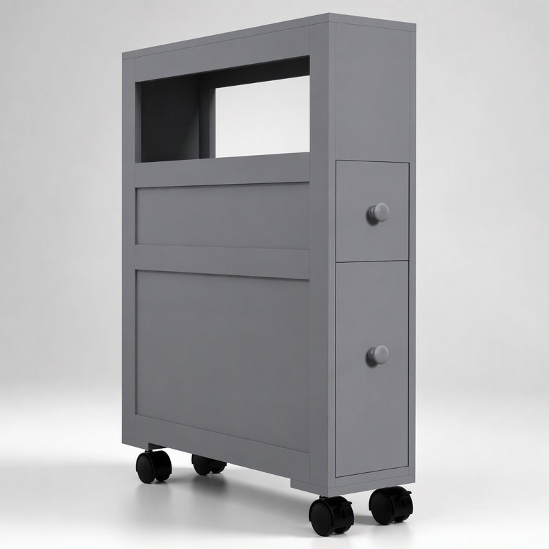 Meuble de rangement latéral étroit à roulettes pour salle de bain, avec étagères et tiroirs, gris, design gain de place pour les petites salles de bain
