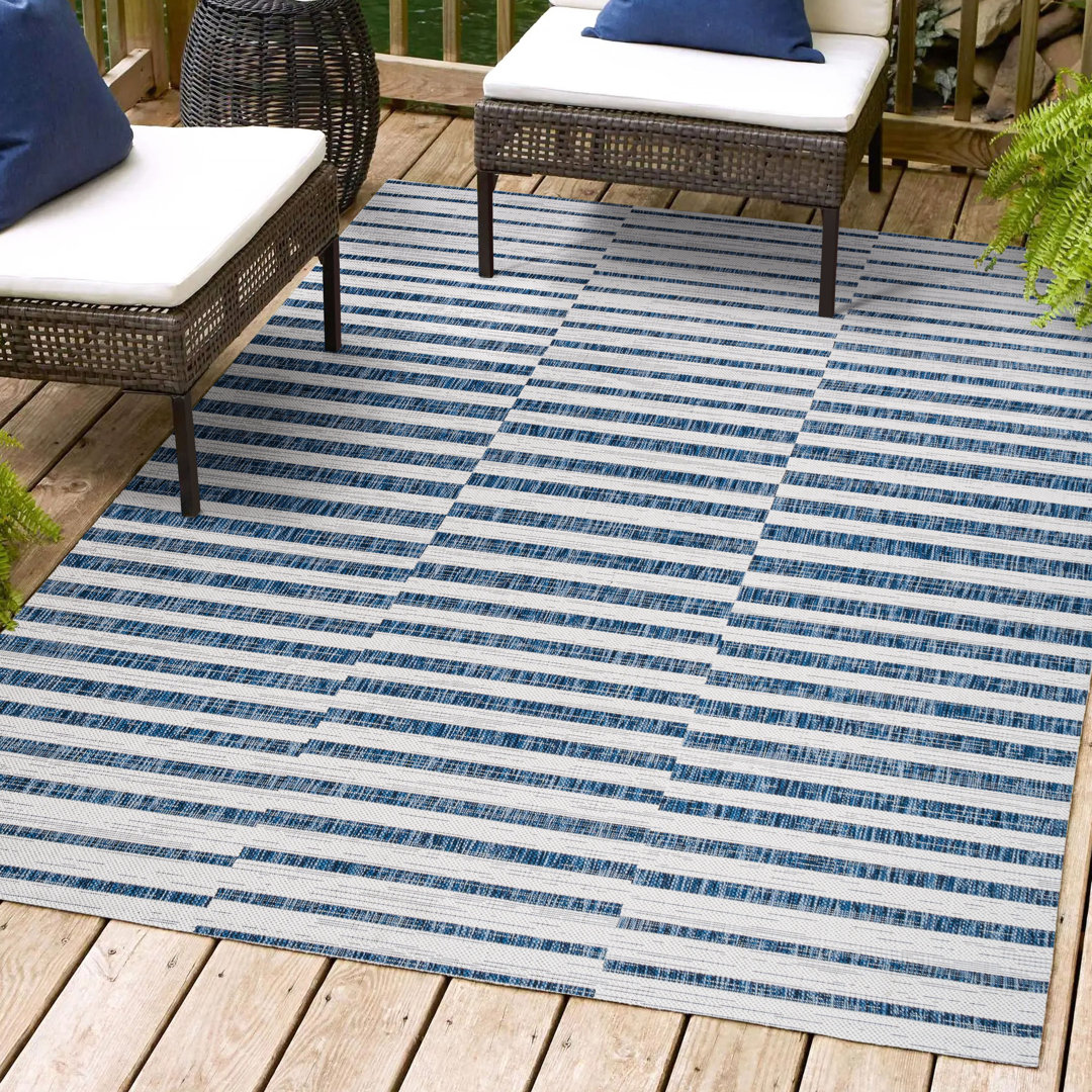 Sukie Modern Offset Stripe Ivory/Blue Indoor/Outdoor Rug Latitude Run® Rug