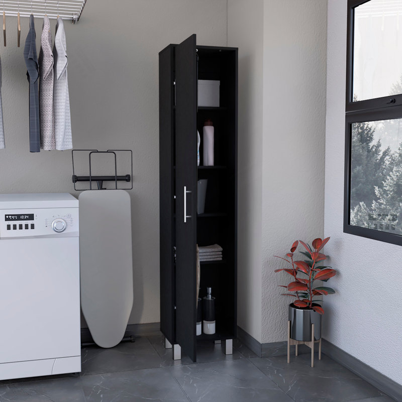 Armoire de rangement H 71 po avec tablette à 5 niveaux, 3 crochets à balais et quincaillerie en métal, noir