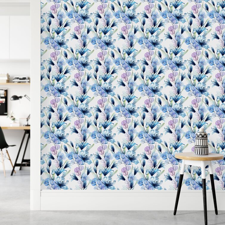 Red Barrel Studio® Blue Flowers And Leaves Wallpaper - Wayfair Canada