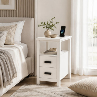 End Table with Charging Station, 2 Drawers, 2 USB Ports & 2 Outlets, Narrow Bedside Nightstand for Bedroom & Living Room