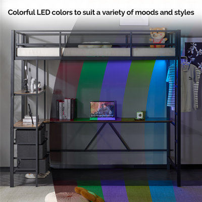 Black Loft Bed Twin Size With Drawer And LED Lights And Charge Station
