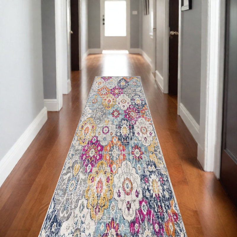 20' Runner Blue and Ivory Floral Runner Rug, Runner 2' x 20'