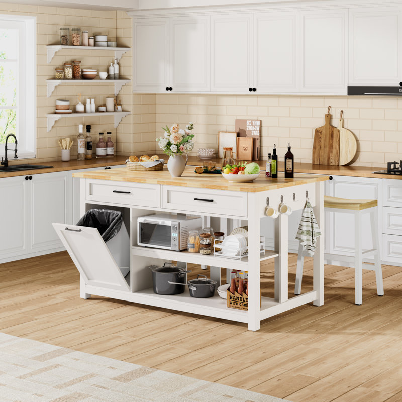 47" Sturdy Kitchen Island with Trash Can Storage, 2 Bar Stools, Power Outlet, and 2 Large Drawers, White