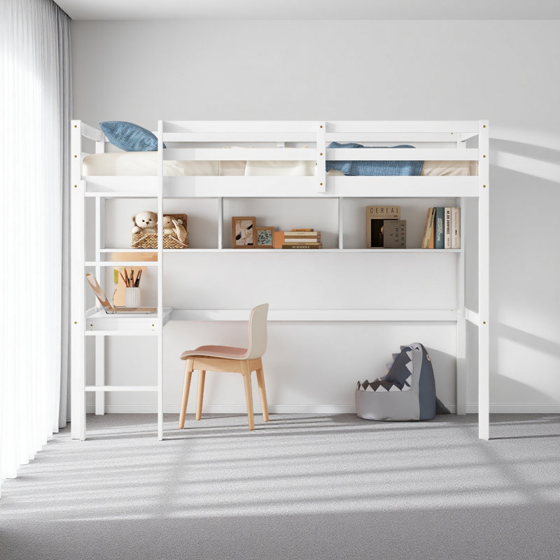 Lit mezzanine simple avec bureau et tablettes, barrière de sécurité et échelle, Blanc