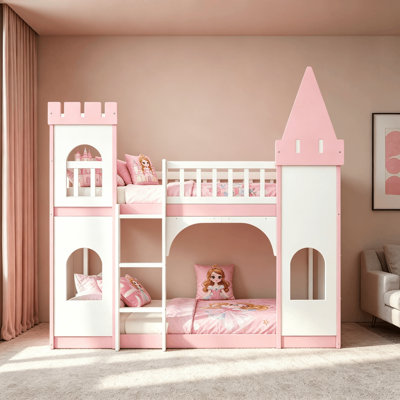 Twin Over Twin Princess Castle Playhouse Bunk Bed For Kids, White/pink