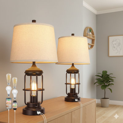 Ensemble de 2 lampes de table avec ports USB, lampe de chevet à intensité variable à 3 voies avec 2 lumières DEL et table de chevet rustique pour le décor de la chambre à coucher (ampoules 2700K incluses)