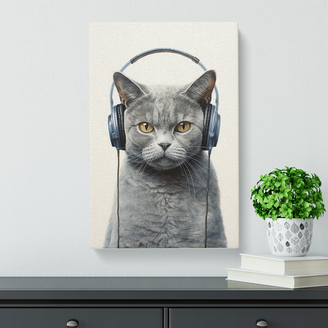 British Shorthair Cat with Headphones - Wrapped Canvas