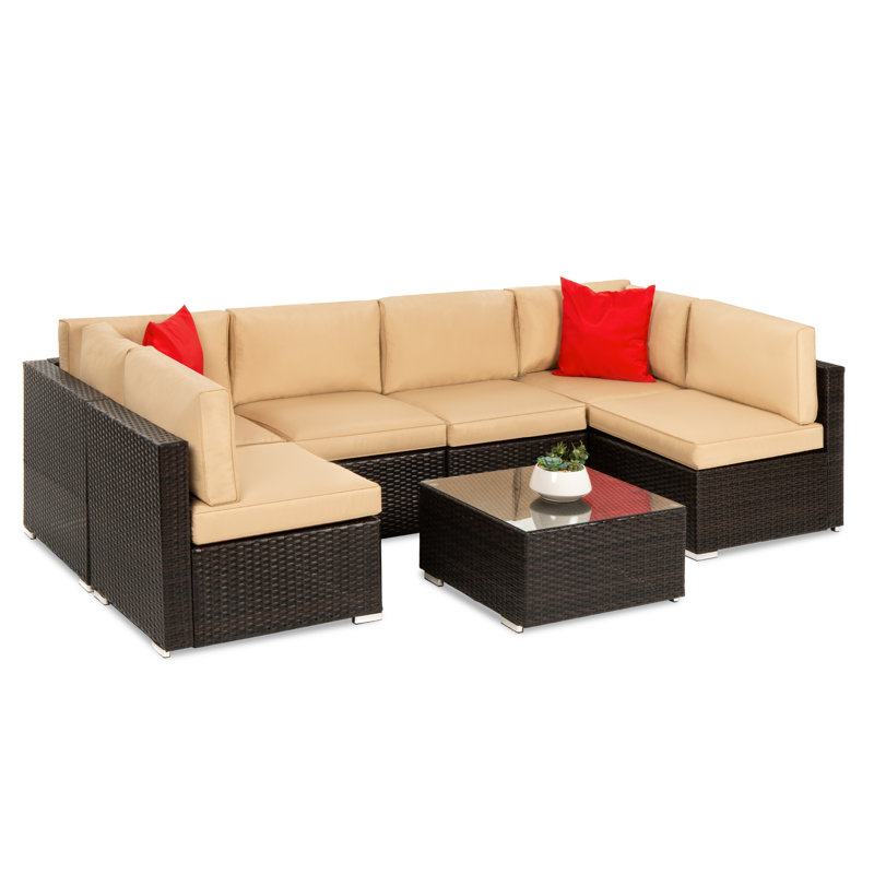 Iosif 7-Piece Outdoor Modular Patio Conversation Furniture, Wicker Sectional Set, Tan, Brown