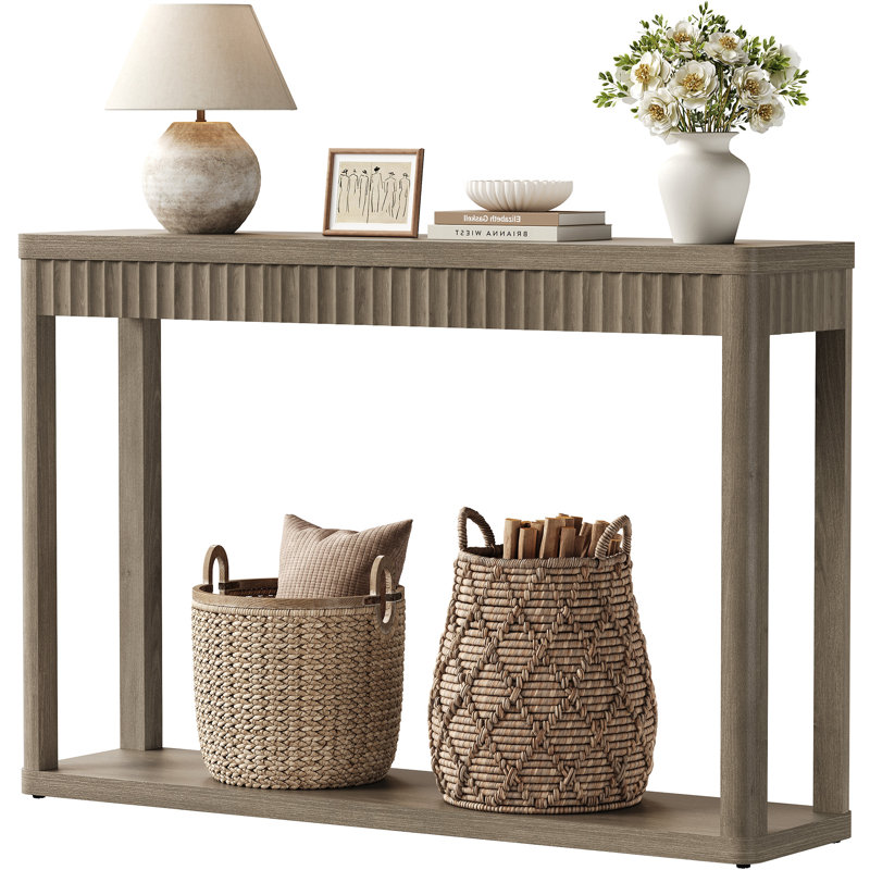 47''W Modern Fluted Double-Layer Console Table with Storage Shelf, Wood Sofa Table for Living Room, Bedroom,Hallway, Gray, 1