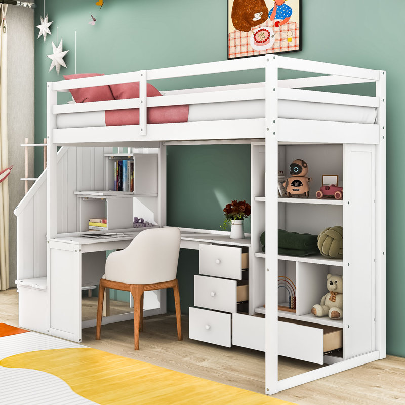 Lit mezzanine simple en bois avec tiroirs intégrés, bureau en L, tablettes et rangement pour escalier, Blanc