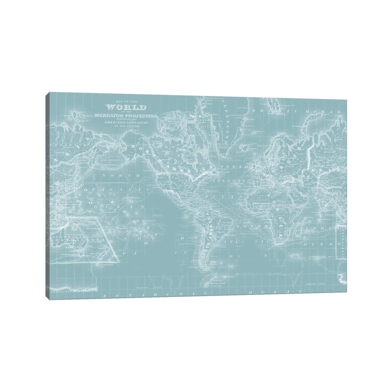 World Map On Aqua - Wrapped Canvas Print, 45.72cm H x 66.04cm W x 1.91cm D