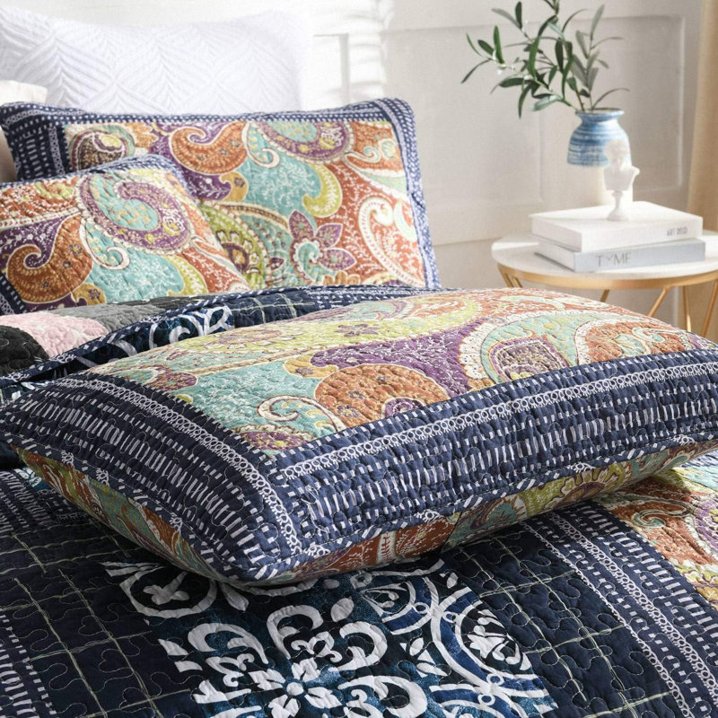  HoneiLife  Black Swirl  Cotton Handmade Patchwork 3-Piece Queen Size Quilt Sets, Queen Quilt + 2 Standard Pillowcases, Black