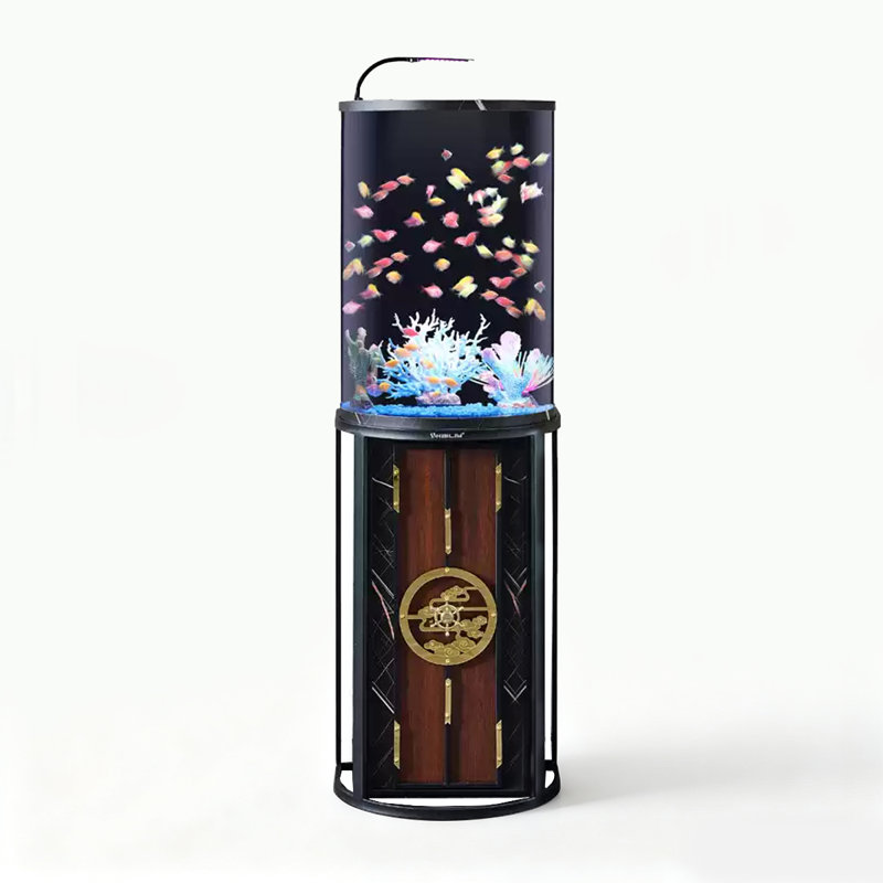 Aquarium cylindrique en acrylique avec décorations de bon augure et volant