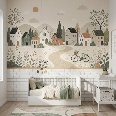 Fresque murale représentant un village de campagne et des collines ondulantes, paysage minimaliste scandinave
