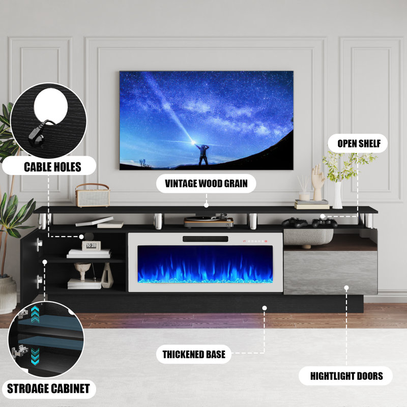 Alazik TV Stand with Electric Fireplace, Black/Silver, White, 24”H x 14”L x 80”W