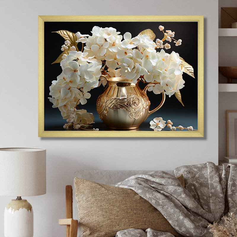 «Baroque Hydrangea» blanc et or V - Hydrangea, reproduction d'art sur toile encadrée, H 34 po x l 44 po x P 1,5 po