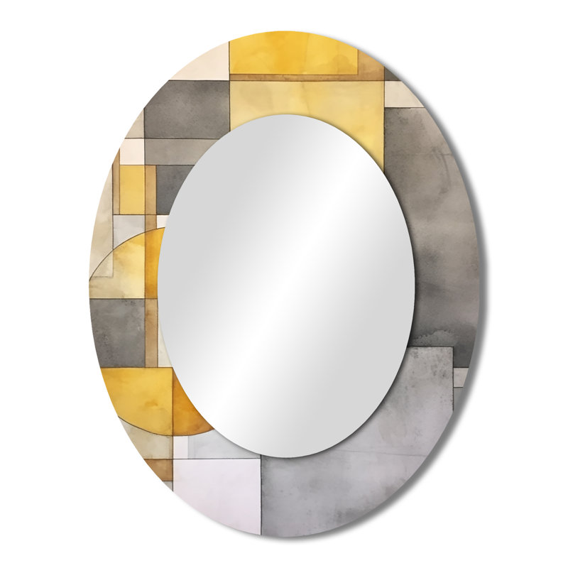 Yellow And Grey Intersecting Realities I - Abstract Oval Decorative Mirror On Metal, 43" x 33"