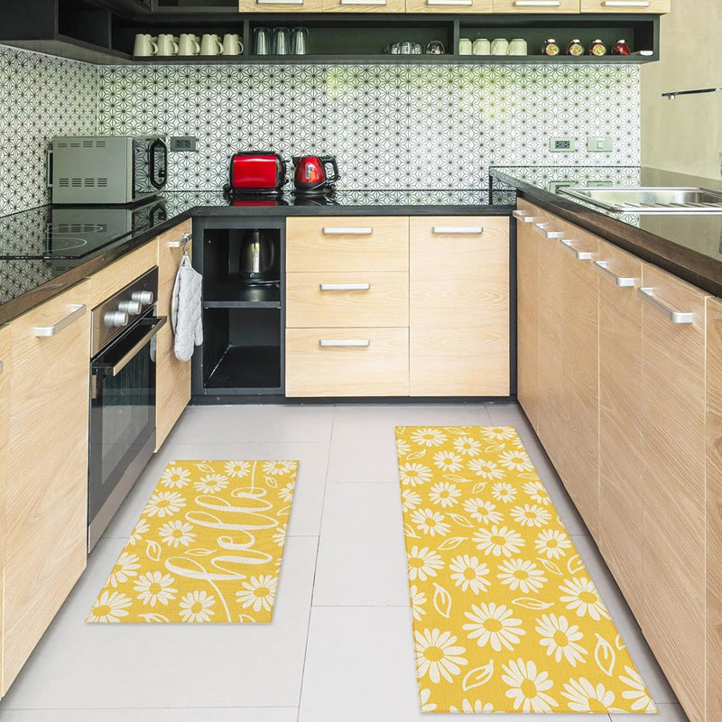 Tapis de cuisine marguerite jaune - jaune et blanc - ensemble de 2 tapis de sol floraux antidérapants, décor de cuisine pour la maison printemps