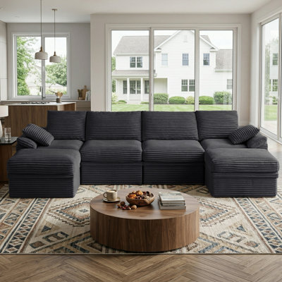 142"W Cloud Modular Sectional Sofa, 6-Piece U Shaped Corner Couch with Hidden Storage and 2 Ottomans, Modern Minimalist Corduroy Upholstered Boneless Sofa for Living Room, Extra Deep Seat, Easy Assembly Required