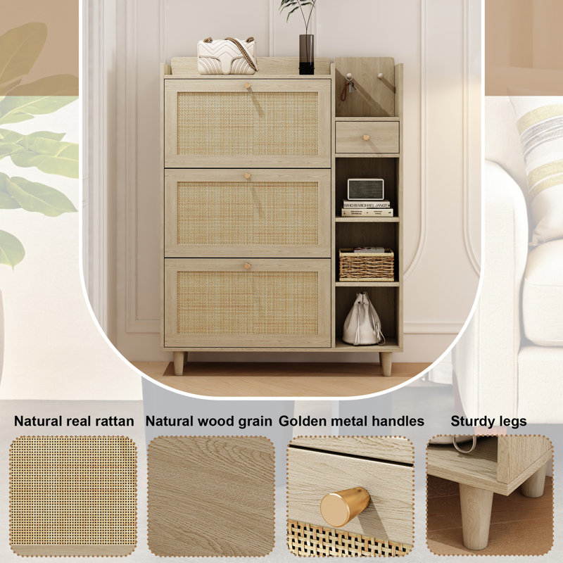 Shoe Organizer with Mulit Storage Space and Hooks for Hallway, Natural Wood