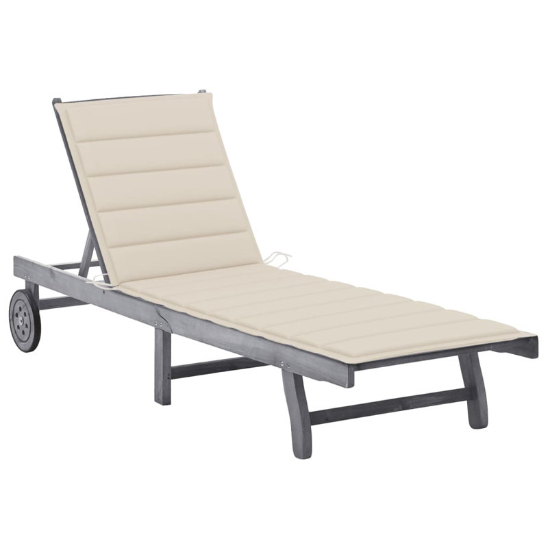Prshant 80" Long Acacia Single chaise with Cushions, Gray, Beige