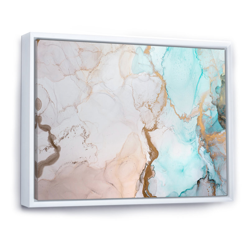 Encre liquide sur fond doré doré turquoise et gris III - reproduction sur cadre flottant, H 16 po x l 32 po x P 1 po
