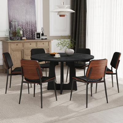 47'' Round Dining Table Set, Farmhouse Kitchen Table With Modern Faux Leather Chairs