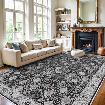 Tapis lavable de grande taille: tapis de salon oriental d'intérieur avec envers antidérapant Tapis à poils courts ultra doux pour chambre à coucher Tapis de sol mince résistant aux taches (noir)