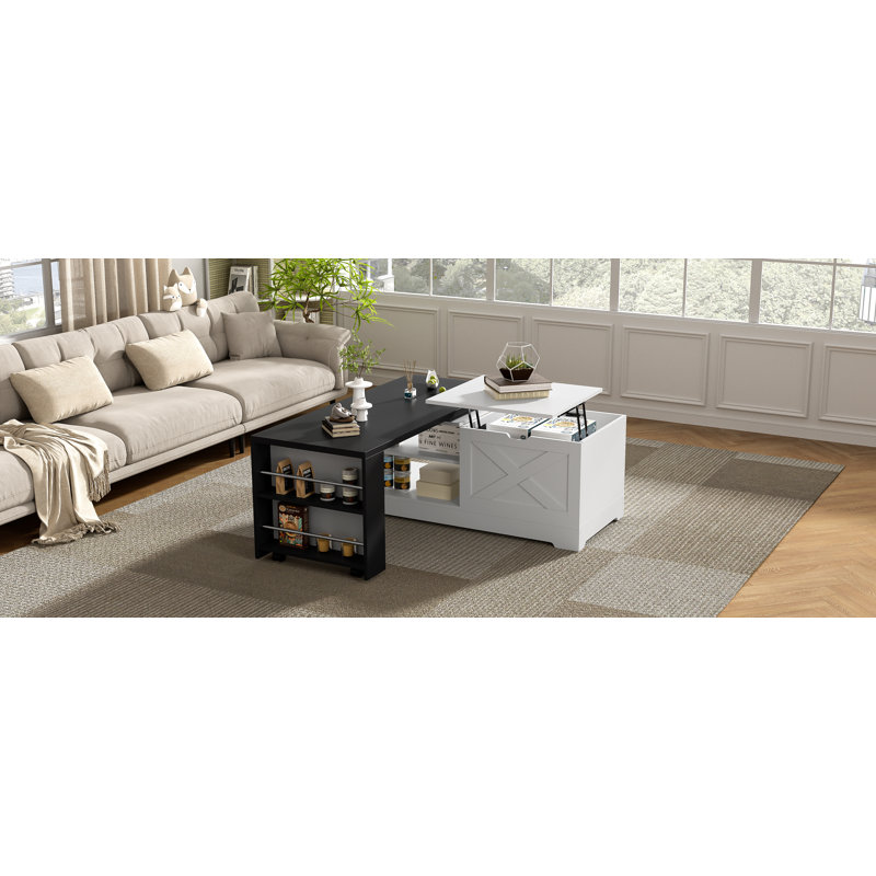 Farmhouse Lift Top Coffee Table With Barn Doors, Wood Rectangle Center Table With Hidden Storage, For Living Room/Home Office | Gift Idea