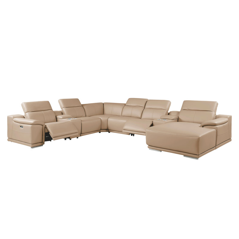 Canapé modulaire beige en cuir véritable 8 pièces faisant face à droite avec 2 fauteuils inclinables électriques et appuis-tête réglables