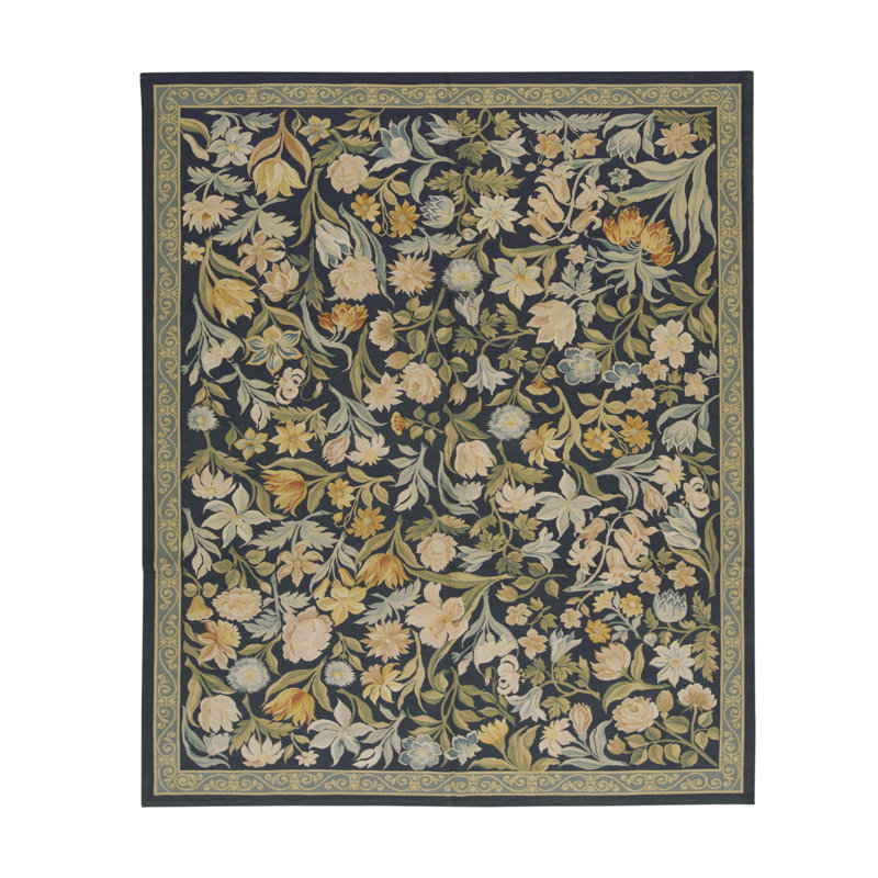 Hand-Knotted High-Quality Navy, Cream, and Green Area Rug