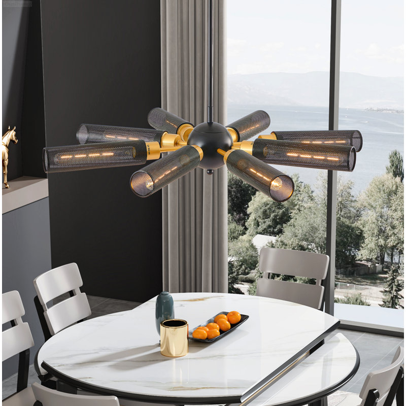 Silhouette de lustre spoutnik industriel moderne à 8 lumières avec abat-jours cylindriques en maille noire et dorée