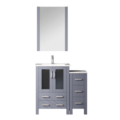 36 po Meuble-lavabo large gris foncé avec armoire latérale, comptoir en céramique, robinet et miroir mural de 22 po avec robinet recouvert de tissu, surface blanche, longueur totale suspendue