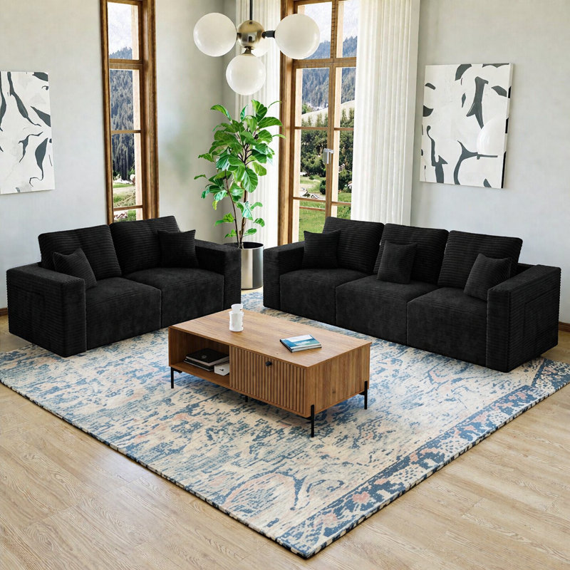 106" Small Living Room Set For 5, Compression Sofa, Black Corduroy, 2 Pcs: Loveseat, Sofa