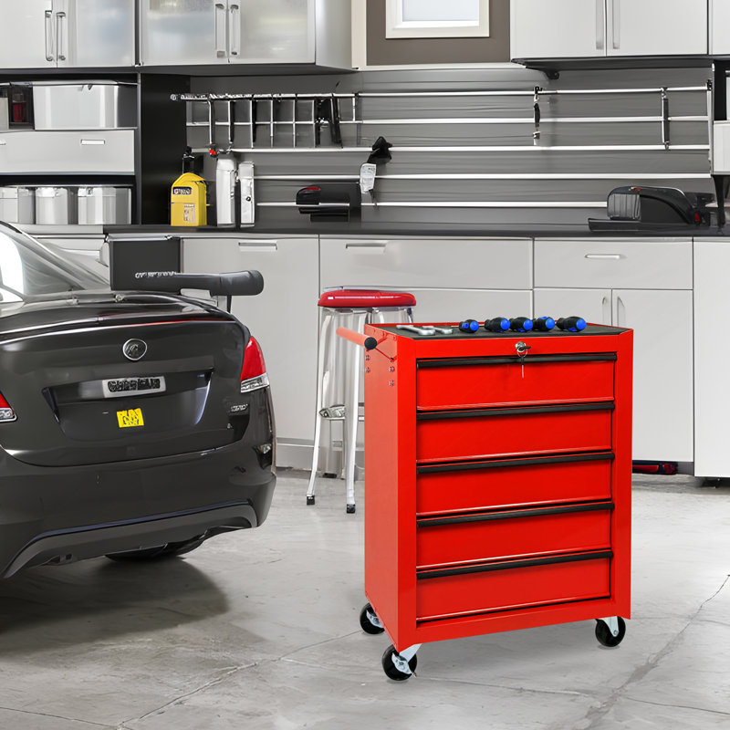 Coffre à outils roulant en métal avec 5 tiroirs, armoire à 5 tiroirs avec glissières à roulement à billes, Red