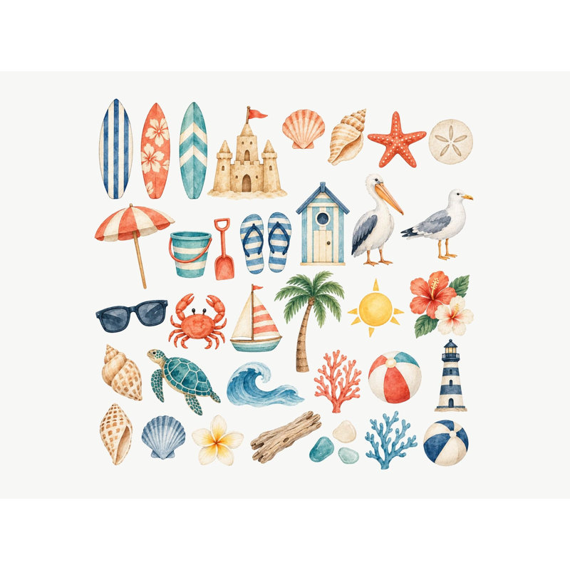 Beach Wall Decals, Set of 37 Peel and Stick Nursery Wall Stickers, Satin Finish Removable Kids Room Wall Art, 20"W x 20"H (50 x 50 cm)