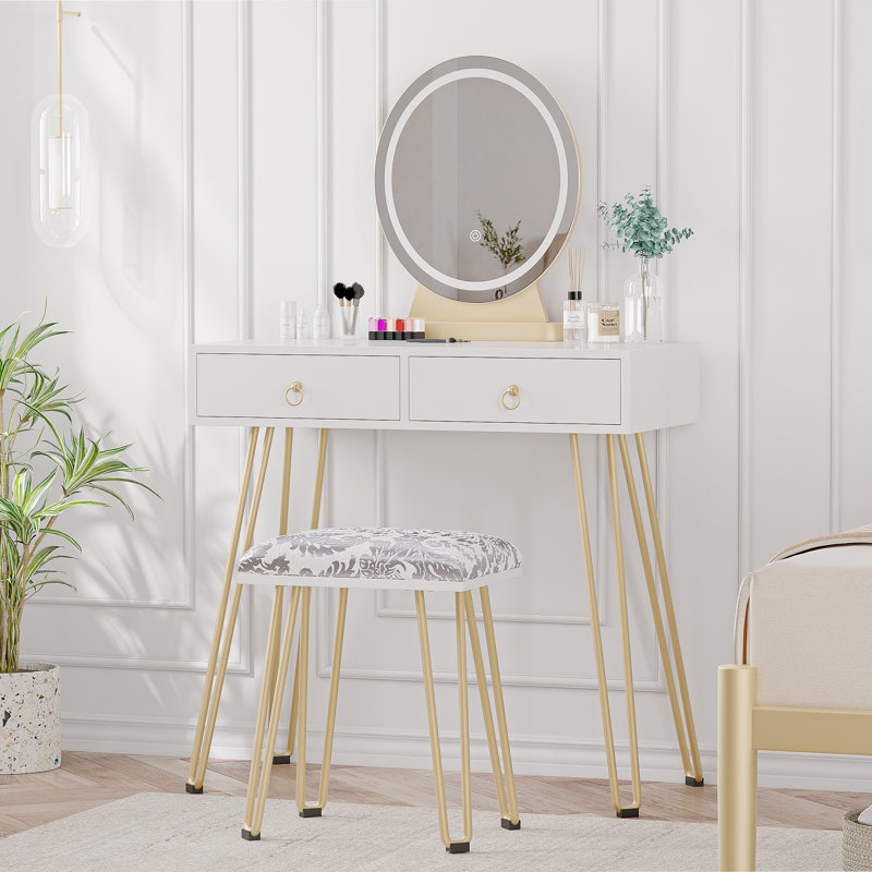 Bureau de coiffeuse moderne avec miroir lumineux - 3 modes d'éclairage réglables, 2 tiroirs, tabouret rembourré, coiffeuse élégante et ensemble de chaise pour la chambre à coucher - blanc