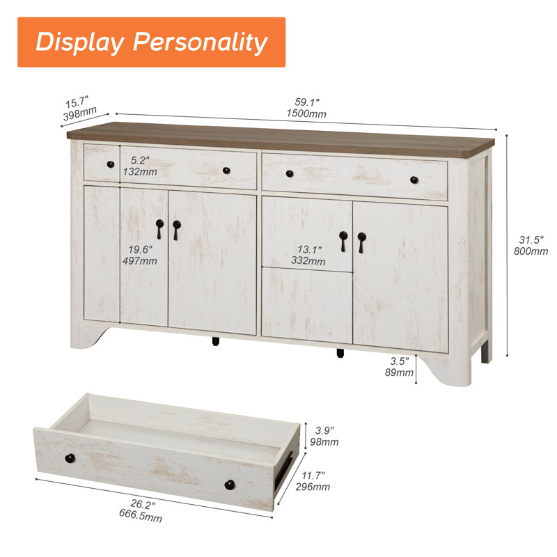 Buffet Farmhouse de 59 po de largeur avec 4 portes et 2 tiroirs, tablettes réglables, blanc, Brun / Blanc