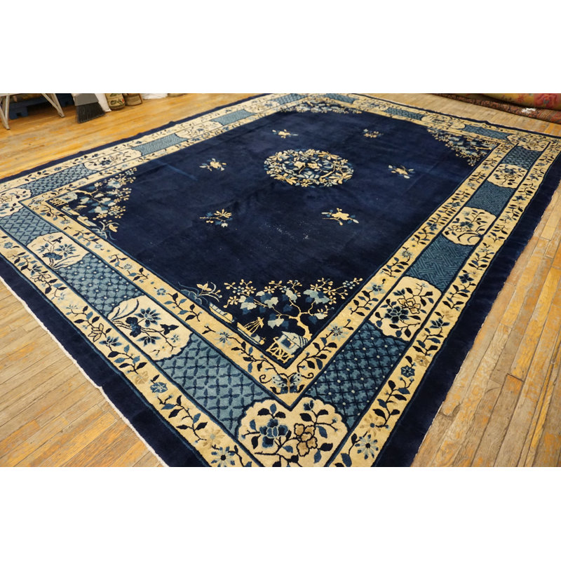 Chinese Rectangle 1900s Blue Knotted - Peking Antique Wool Room Size Rug