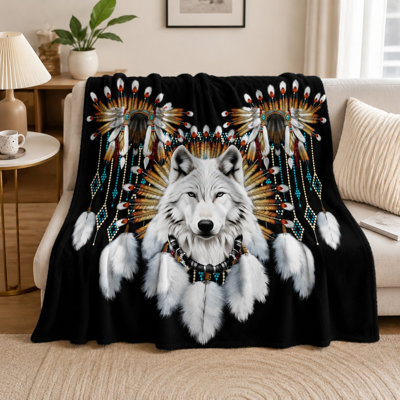 Cozy Wolf Headdress Pattern Flannel Throw Blanket,Wolf With Feather & Bead Black White Print, Ultra Soft, Lightweight, Breathable, All‑Season, Skin‑Friendly, Machine Washable, Decorative, for Sofa, Couch, Living Room and Bedroom