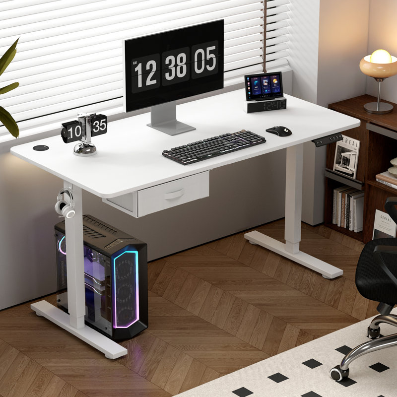 Alstead Adjustable Height Standing Desk, 100cm W x 60cm D, White, White