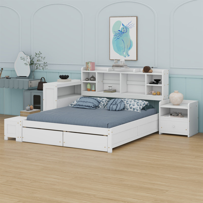 Lit plateforme en bois avec espace de rangement multifonctionnel, table de chevet, 2 tiroirs, ports USB et bureau, Blanc