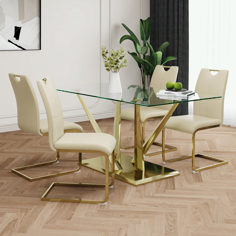 Ensemble de table de salle à manger 5 pièces avec plateau en verre et base en acier inoxydable, Beige