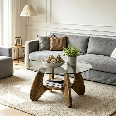 31.5" Glass Coffee Table for Living Room, 2-Tier Wood Accent Center Table with Open Storage