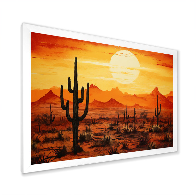 Cactus Sunrise Silhouettes - Cactus, art mural, H 24 po x l 32 po x P 1 po, Cadre simple blanc