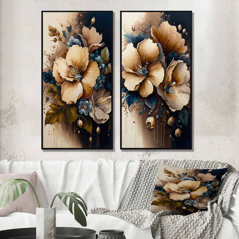 «Bouquet d'hibiscus brun et bleu», 2 pièces sur toile, Cadre noir, H 20 po x l 24 po