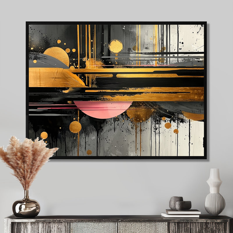 «Dark Transition Golden Shifting Horizons III», art mural transitionnel abstrait de formes modernes, H 12 po x l 20 po, Noir