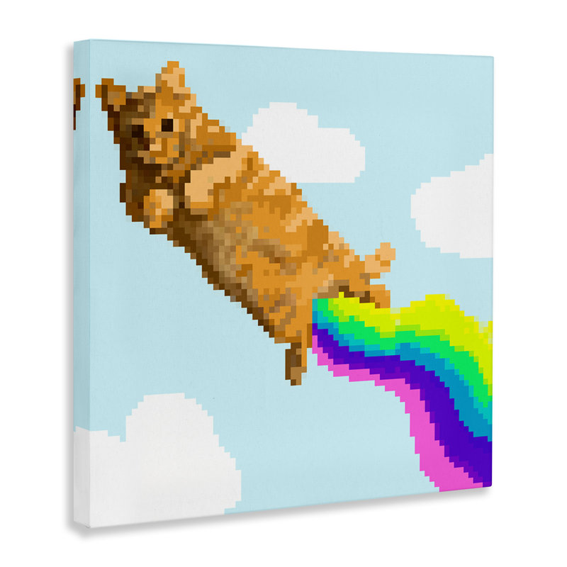 «Flying Rainbow Pixel Cat», art mural sur toile par June Erica Vess, H 30 po x l 30 po